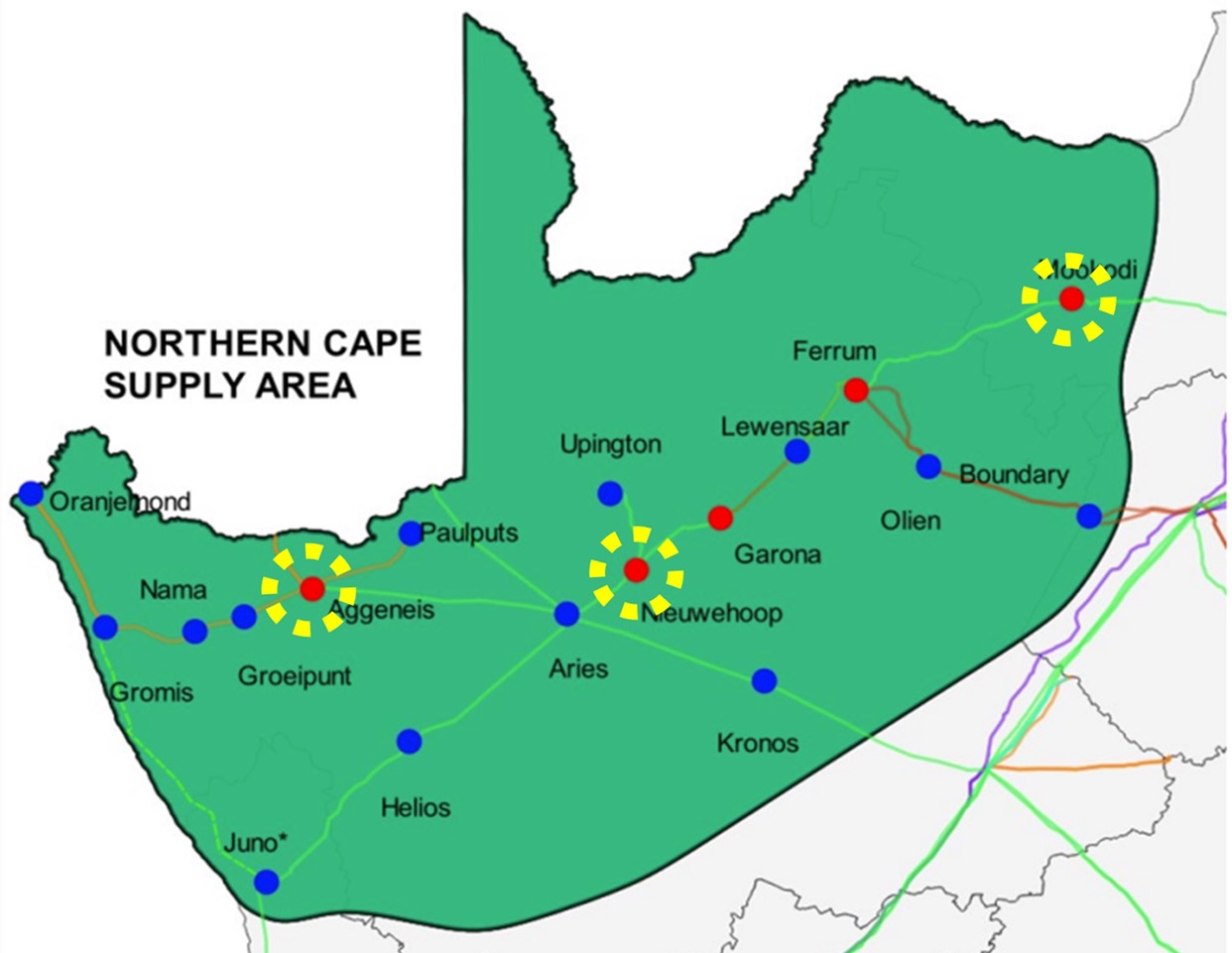Caption: The three OASIS 1 project locations in the Northern Cape Supply Area, are indicated in red dots with yellow circles.
