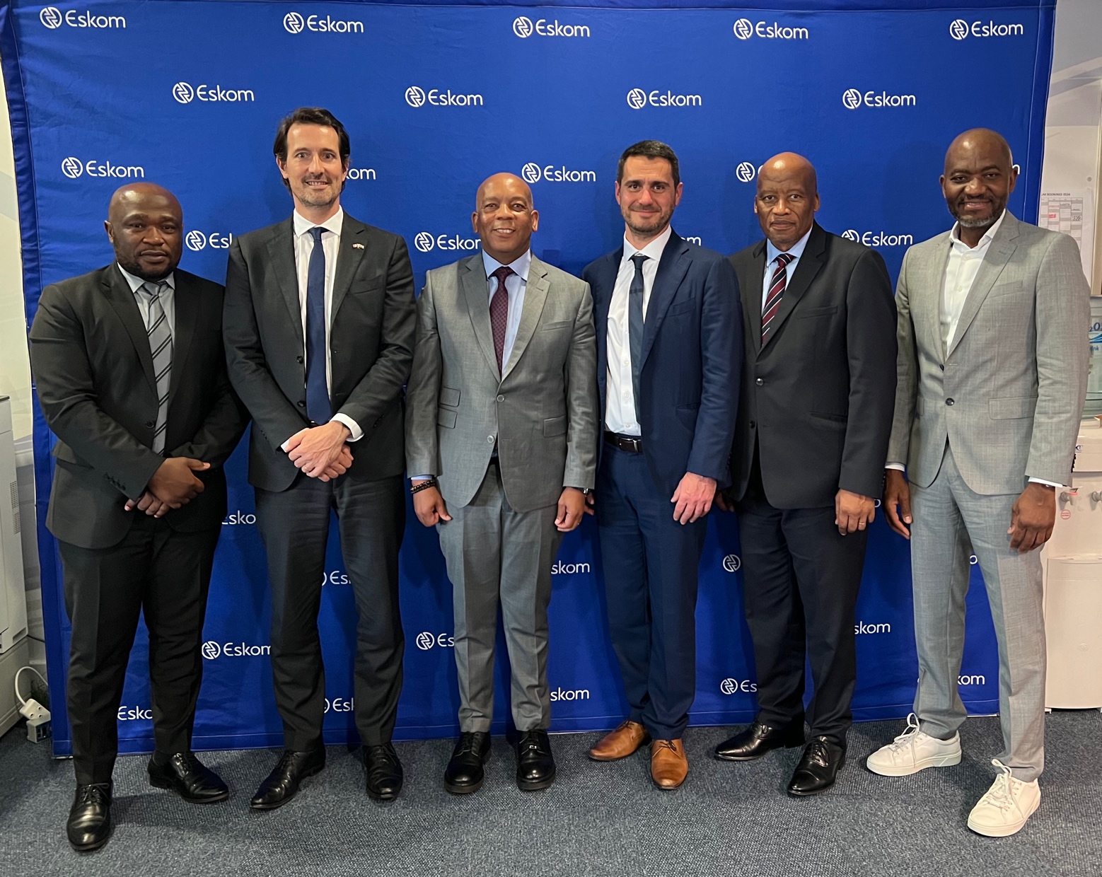 L-R: Jacob Mbele - DG of the DMRE, Laurent CLEMENT - VP EDF AFRICA, Dr Kgosienthsho Ramokgopa - Minister of Electricity & Energy, Alberto Gambacorta - VP Business Development at Skatek, Segomoco Scheppers Interim Chief Executive Officer - National Transmission Company South Africa, &nbsp;Tshifhiwa Magoro- Head at IPP Office